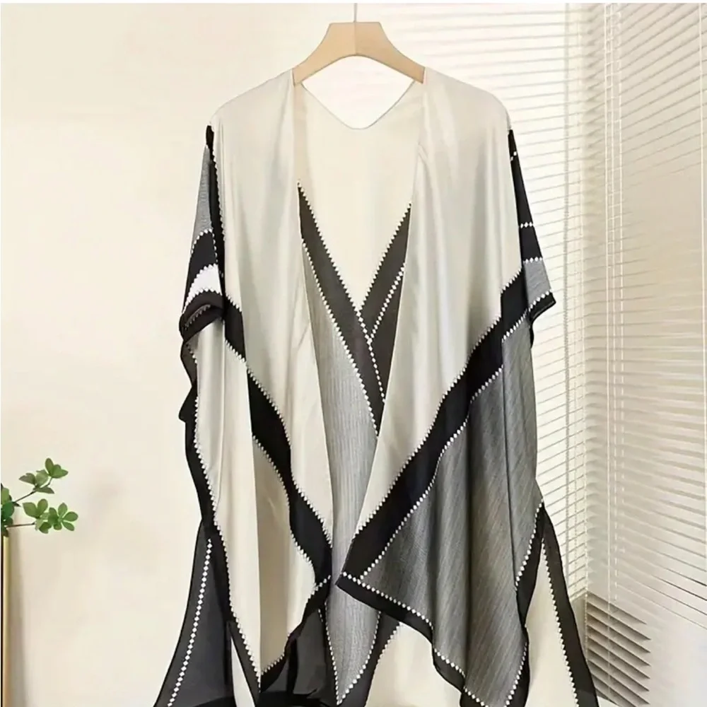 Classic Black & Ivory Silky Split Lightweight Shawl Coverup Cardigan , XL
